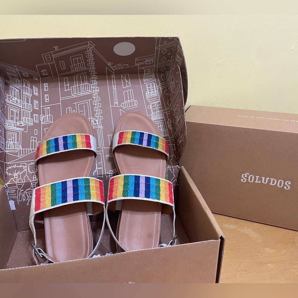 Soludos Sandals with white leather embroidered rainbow stripes and buckle strap